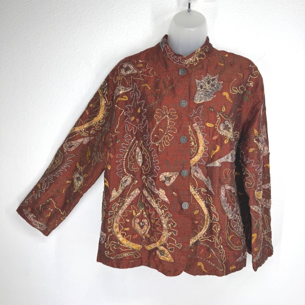 Vintage Silk‎ Embroidered Beaded Jacket Paisley Mandarin Collar Medium Lagenlook